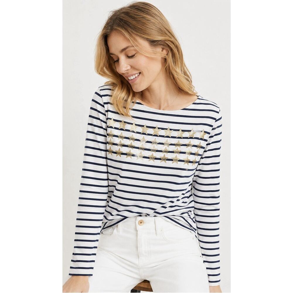 Boden Navy White Breton Stripe Gold Star Long Sleeve Top Parisian Nautical US 8